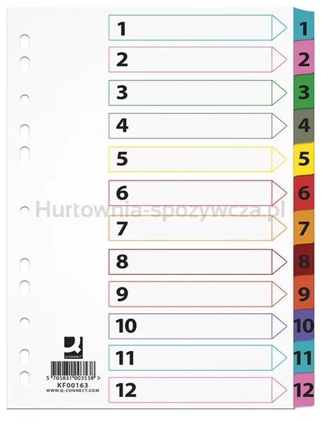 Przekładki Q-Connect Mylar, Karton, A4, 225X297Mm, 1-12, 12 Kart, Lam. Indeks, Mix Kolorów