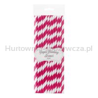 Słomki Papierowe Magenta Paski, 6X197Mm / 24 Szt.