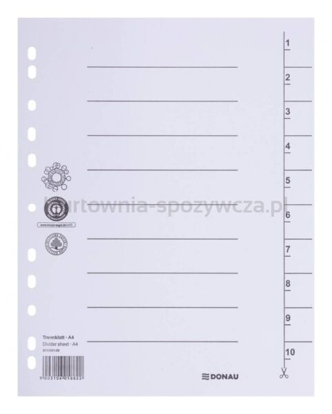 Donau Przekładka karton A4, 235x300mm, 1-10, 1 karta, biała 