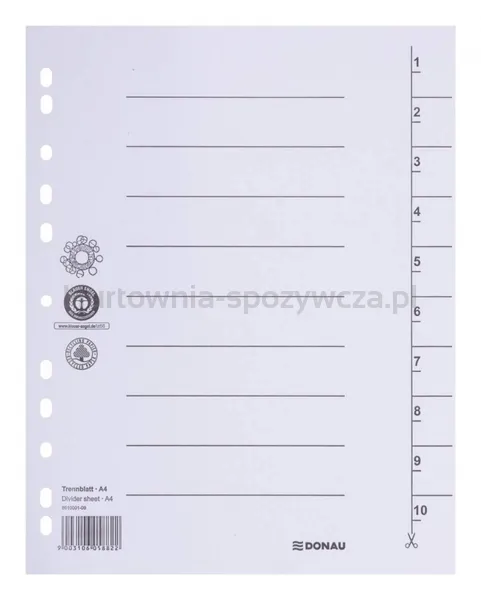 Donau Przekładka karton A4, 235x300mm, 1-10, 1 karta, biała 