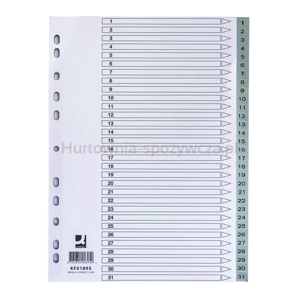 Q-Connect Przekładki PP, A4, 225x297mm, 1-31, 31 kart, szare 