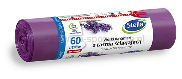 Worki na śmieci STELLA, z taśmą ściągającą, zapach lawendy, 60 l, 10 szt., lawendowy