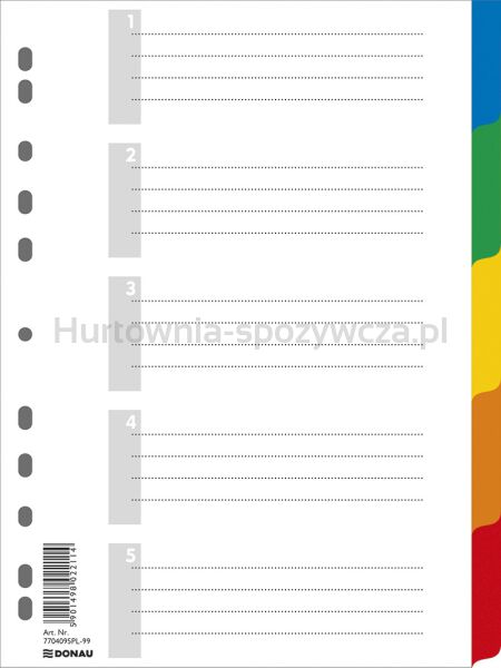 Przekładki DONAU, PP, A4, 225x297mm, 5+1 kart, mix kolorów