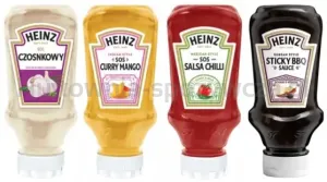Heinz Mix Sosów (Garlic Sauce 220ml Curry Mango Sauce 220ml Hot Chilli Sauce 220ml Korean Barbecue 220ml )<br>(Data przydatności 07.08.2025)