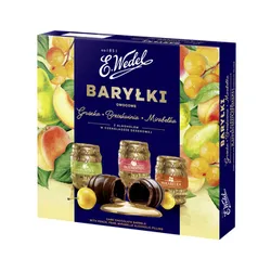 E.Wedel Baryłki owocowe gruszka, brzoskwinia, mirabelka z alkoholem w czekoladzie deserowej 200g