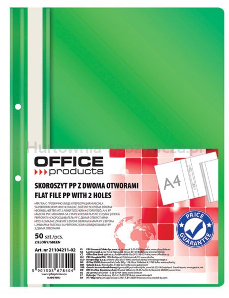 Office Products Skoroszyt, PP, A4, 2 otwory, 100/170mikr., wpinany, zielony 