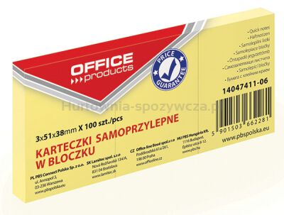 Office Products Bloczek Samoprzylepny38x51mm, 1x100 kart., pastel, jasnożółty 