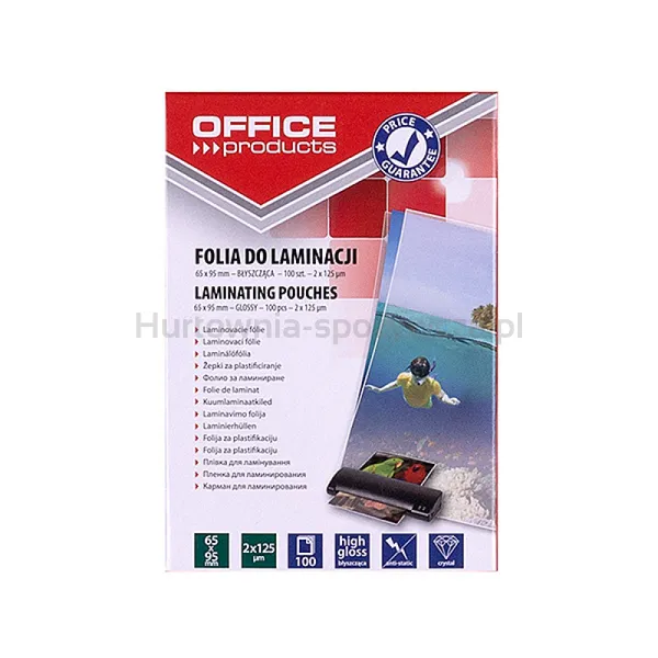 Office Products Folia Do Laminowania, 65x95mm, 2x125mikr., błyszcząca, 100szt., transparentna 