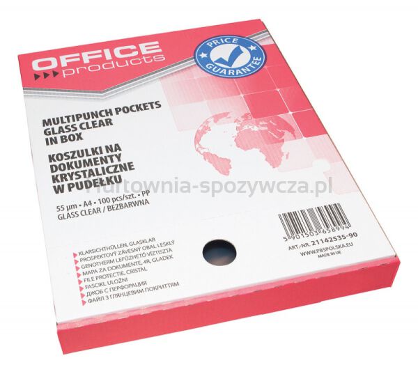 Koszulki na dokumenty OFFICE PRODUCTS, PP, A4, krystal, 55mikr., 100szt., w pudełku