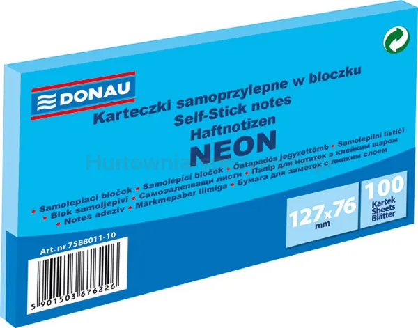 Bloczek Samoprzylepny Donau, 127X76Mm, 1X100 Kart., Neon, Niebieski