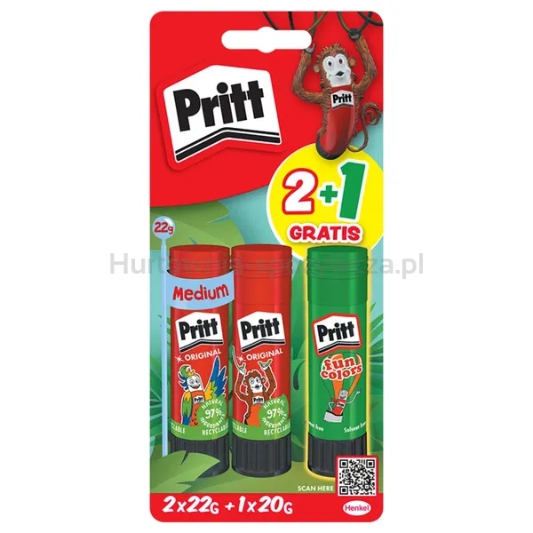 Klej w sztyfcie PRITT, 2x22g + 1x20g neon, blister, mix kolorów