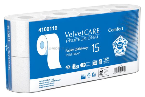 Papier toaletowy celulozowy VELVET Professional, 2-warstwowy, 138 listków, 15m, 8szt., biały - 2