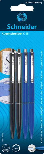 Schneider Długopisy Automatyczne  K15,  2X Czarny + 2X Niebieski, Blister 