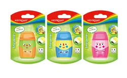 Temperówka plastikowa KEYROAD Hello, z gumką, podwójna, z pojemnikiem, blister, mix kolorów