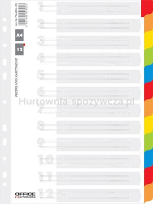 Office Products Przekładki karton, A4, 227x297mm, 12 kart, lam. indeks, mix kolorów 