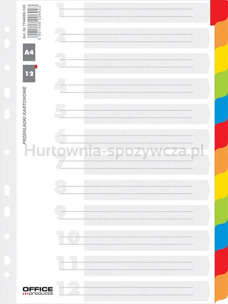Office Products Przekładki Karton, A4, 227X297Mm, 12 Kart, Lam. Indeks, Mix Kolorów 