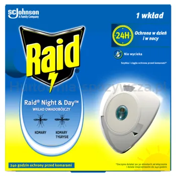 Raid® Night & Day™ przeciw muchom, komarom i mrówkom - elektrofumigator owadobójczy z wymiennym wkładem - 2,29g