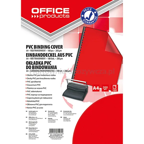 Office Products Okładki do bindowania PVC, A4, 200mikr., 100szt., czerwone transparentne 