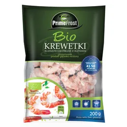 Primefrost BIO Krewetki blanszowane obrane z ogonkiem, rozmiar: 41-50 szt./lb, glazura: 20%, 200 g/250 g, 