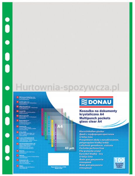 Donau Koszulki na dokumentyPP, A4, krystal, 40mikr., kolorowy brzeg - zielony, 100szt.