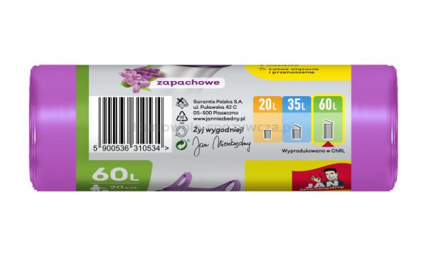 Worki na śmieci JAN NIEZBĘDNY, HDPE, t-shirt, 60l, 20szt., fioletowe - 3