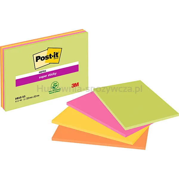 Post-It Karteczki samoprzylepne Super Sticky (6845-SSP), 203x152mm, 4x45kart., mix kolorów 
