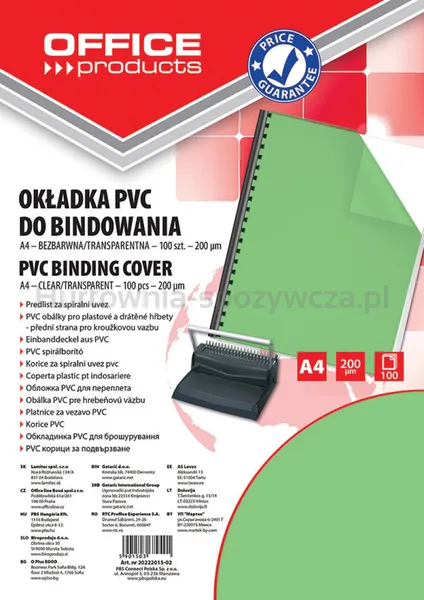 Okładki do bindowania OFFICE PRODUCTS, PVC, A4, 200mikr., 100szt., zielone transparentne