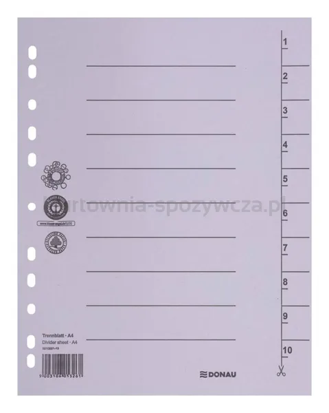 Donau Przekładka karton A4, 235x300mm, 1-10, 1 karta, szara 