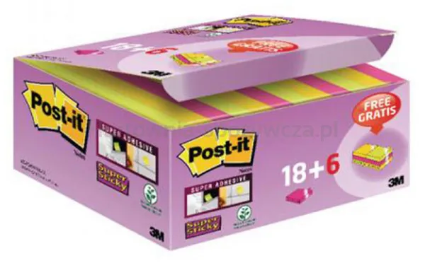 Karteczki samoprzylepne POST-IT® Super Sticky (622-P24SSCOL), 47,6x47,6mm, 18+6x90 kart., mix kolorów, GRATIS
