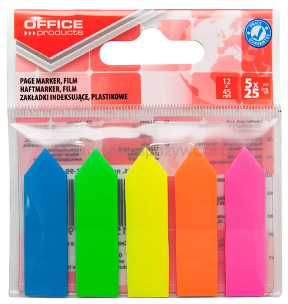 Zakładki Indeksujące Office Products, Strzałka, Pp, 12X45Mm, 5X25 Kart., Zawieszka, Mix Kolorów