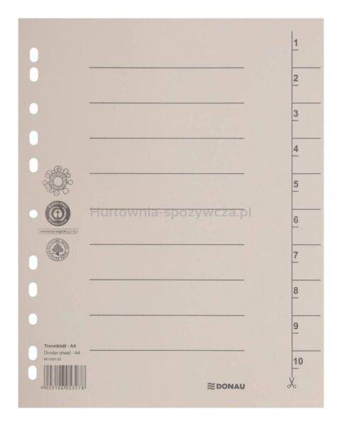 Przekładka DONAU, karton, A4, 235x300mm, 1-10, 1 karta, jasnobrązowa