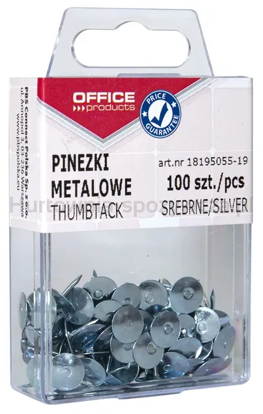 Office Products Pinezki Metalowe W Pudełku, 100Szt., Srebrne