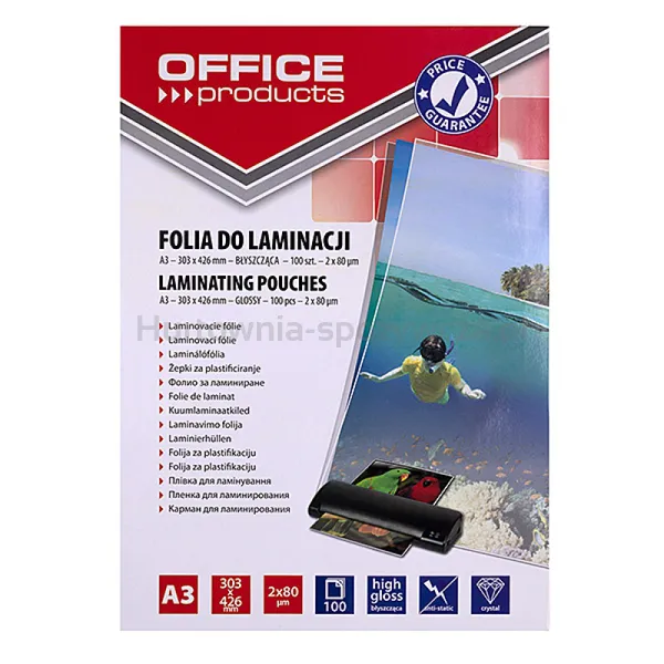 Folia do laminowania OFFICE PRODUCTS, A3, 2x80mikr., błyszcząca, 100szt., transparentna
