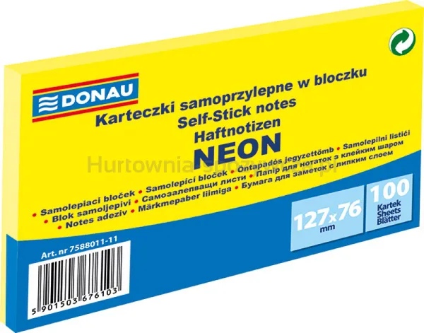 Donau Bloczek Samoprzylepny 127x76mm, 1x100 kart., neon, żółty 
