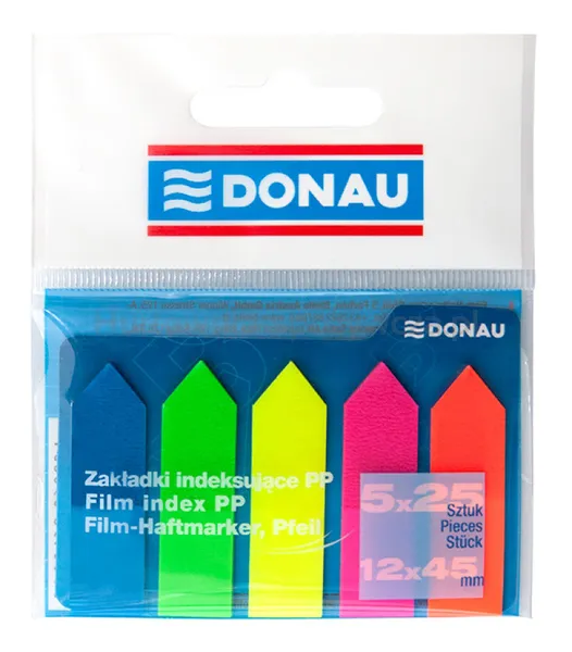 Donau Zakładki indeksujące PP, 12x45mm, strzałka, 5x25 kart., mix kolorów