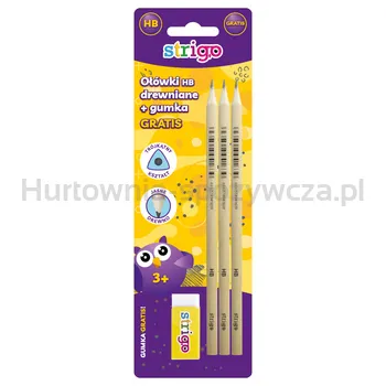 Strigo ołówki drewniane HB x 3+ gumka biała