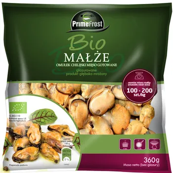Primefrost Bio Małże-Omułek Chilijski Mięso Gotowane, Oczyszczone, Glazurowane, Rozmiar: 100-200Szt./Kg, , 360 G/400 G