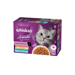 Whiskas Karma Aromatyczna Mieszanka w sosie z wieprzowiną i marchewką, z kurczakiem i marchewką, z rybą oceaniczną, z łososiem i groszkiem 12x85g