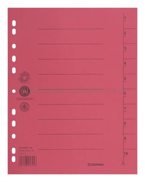 Donau Przekładka karton A4, 235x300mm, 1-10, 1 karta, czerwona 