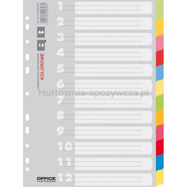 Office Products Przekładki karton, A4, 223x297mm, 12 kart, mix kolorów 