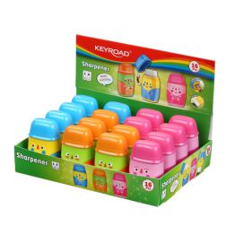 Temperówka plastikowa KEYROAD Hello, z gumką, podwójna, z pojemnikiem, display, mix kolorów