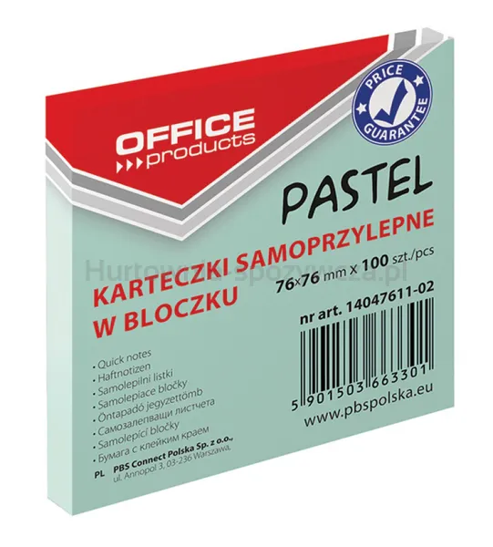 Bloczek Samoprzylepny Office Products, 76X76Mm, 1X100 Kart., Pastel, Zielony