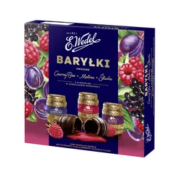 Wedel Baryłki owocowe czarny bez, malina, śliwka z alkoholem w czekoladzie deserowej 200g