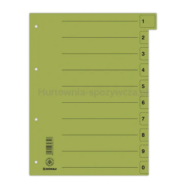 Donau Przekładka Karton A4, 235X300Mm, 0-9, 1 Karta Z Perforacją, Zielona