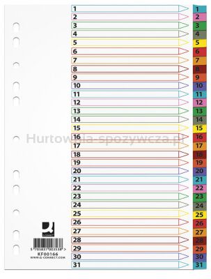 Przekładki Q-CONNECT Mylar, karton, A4, 225x297mm, 1-31, 31 kart, lam. indeks, mix kolorów