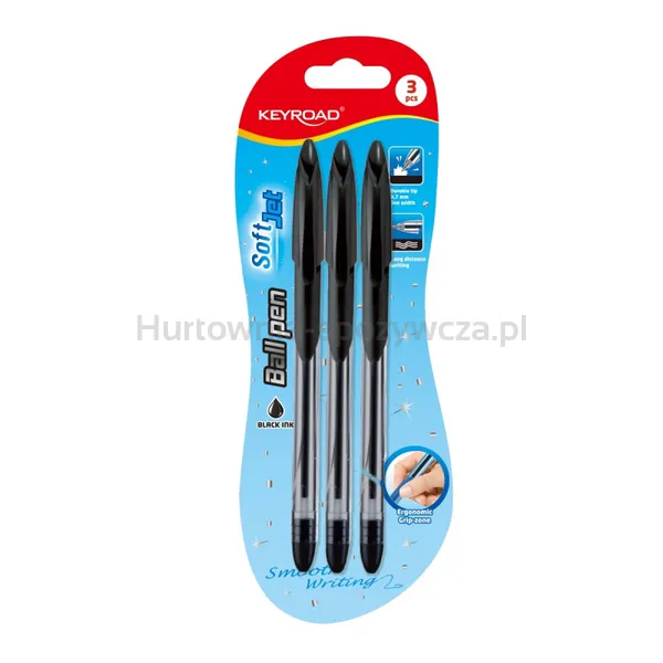 Długopis KEYROAD Ball Pen Soft Jet, miękki uchwyt, 0,7mm, 3 szt., blister, czarny