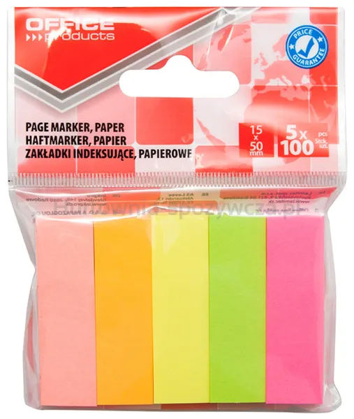 Office Products Zakładki indeksujące papier 15x50mm, 5x100 kart., zawieszka, mix kolorów