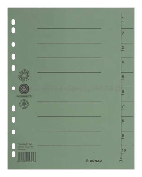 Donau Przekładka Karton A4, 235X300Mm, 1-10, 1 Karta, Zielona 