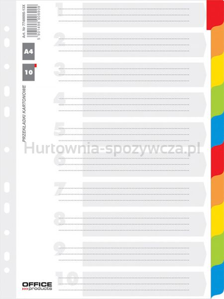 Office Products Przekładki karton, A4, 227x297mm, 10 kart, lam. indeks, mix kolorów 