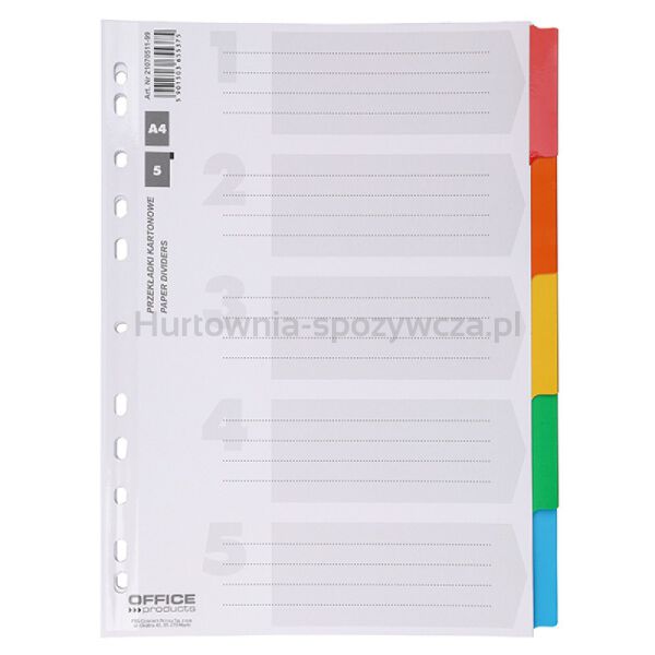 Office Products Przekładki karton, A4, 227x297mm, 5 kart, lam. indeks, mix kolorów  - 2